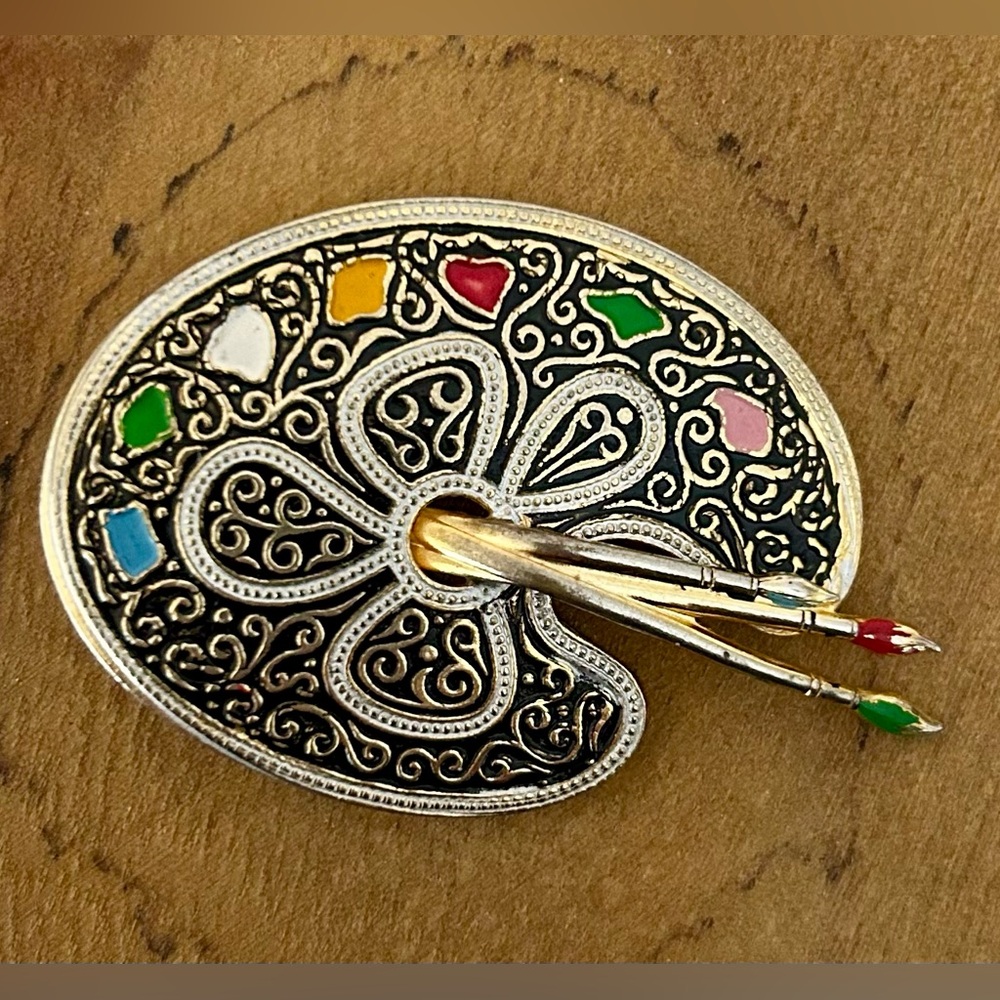 Vintage Damascene Toledo Spain Artist’s Palette and Brushes Brooch Pin